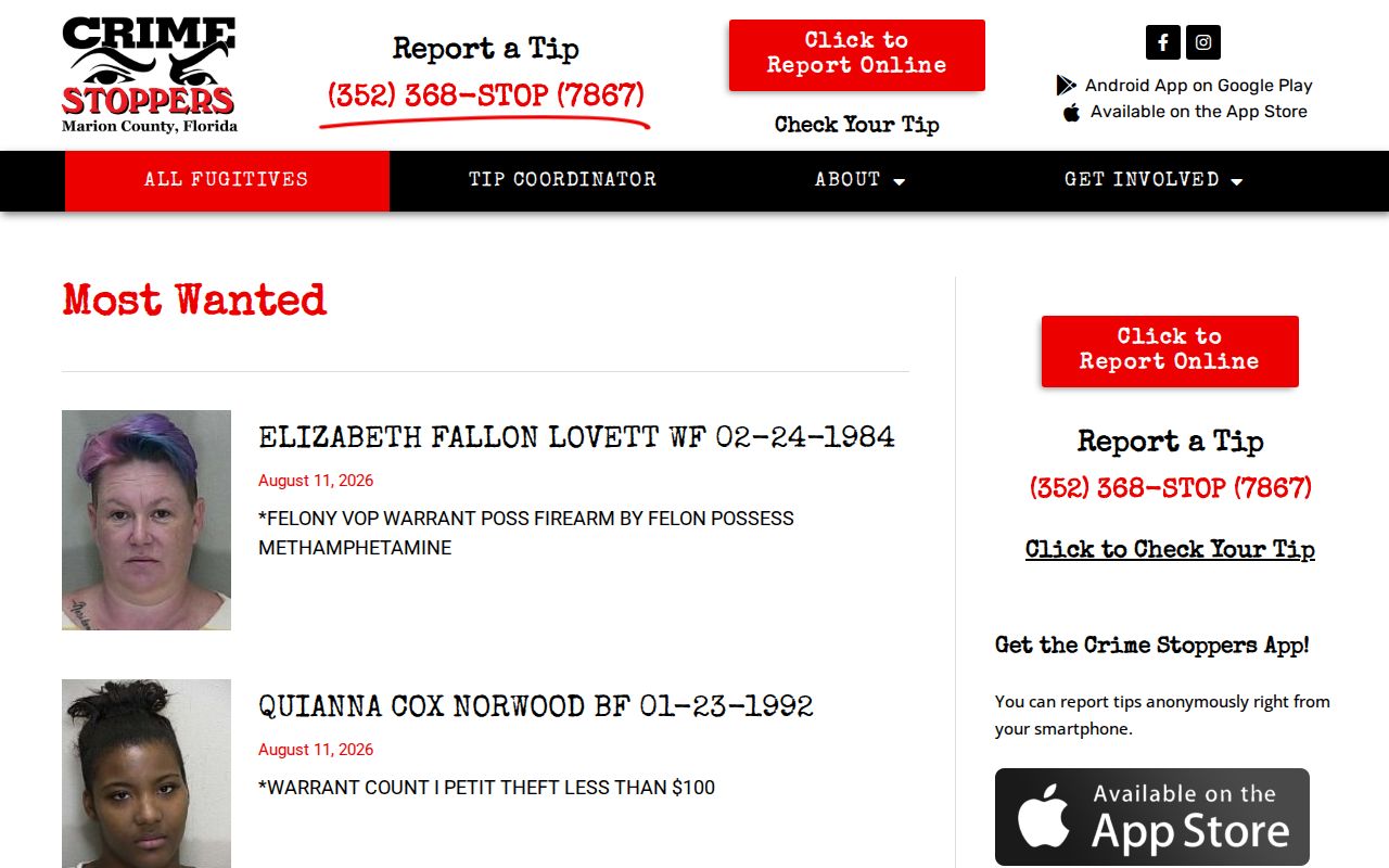 Crime Stoppers of Marion County most wanted list interface